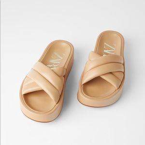 Zara beige quilted platform leather sandals